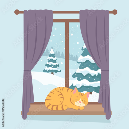 Winter window - cute cat sleeping on the sill with winter landscape. Cute cozy vector illustration in flat style