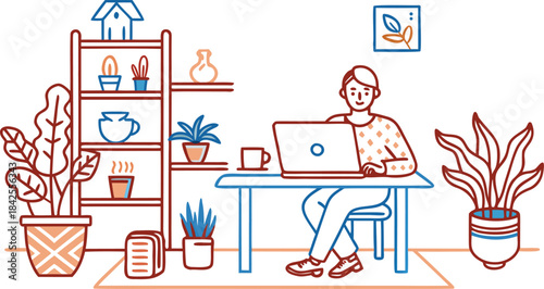 Minimalist illustration of a person working remotely from a home office with plants isolated on transparent background, Vector