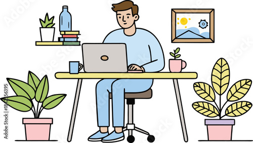 A man working comfortably at his desk with plants in a home office setting. isolated on transparent background, Vector