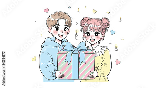 Celebration Gift: A joyful couple, their hearts alight with shared delight, present a vibrantly wrapped gift, symbolizing moments of togetherness, affection, and celebration.