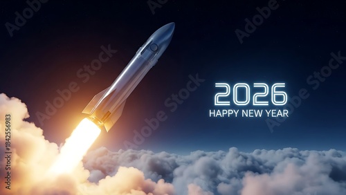 High-contrast image of a rocket launch at night with glowing text, used for a dynamic New Year 2026 greeting