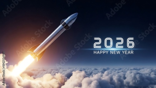 A conceptual graphic depicting a bold rocket launch into space, representing innovation and a fresh beginning in 2026