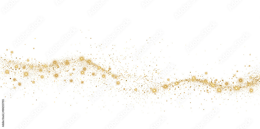 Naklejka premium Abstract Shiny Gold Glitter design element. Gold Glitter Dust and Stars. Glitter Trail. For New Year, Merry Christmas, Birthday and Wedding greeting card and invitation. Luxury Background design