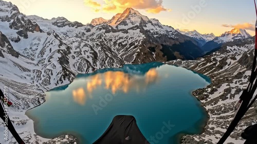Experience paragliding over snow-capped mountains and a lake at sunset in the Andes