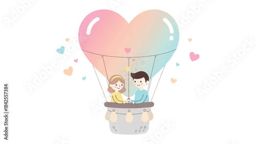 Love's Ascent: A romantic couple soars through the sky in a heart-shaped hot air balloon, enveloped in a gentle embrace, surrounded by floating hearts, creating a dreamy and whimsical scene.