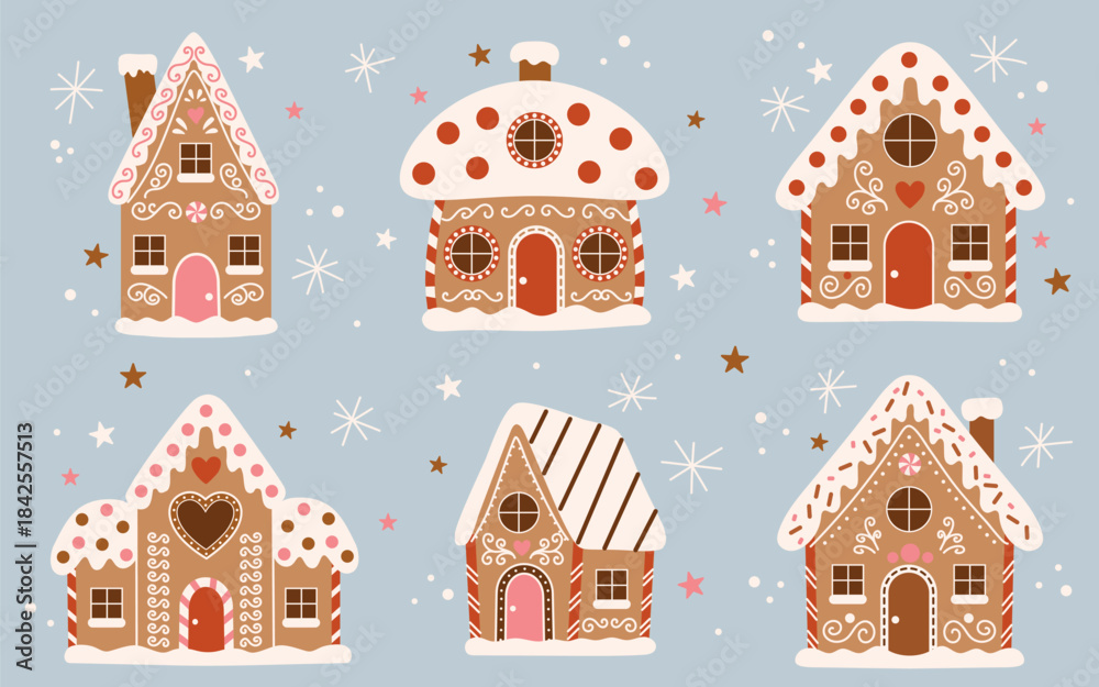 Fototapeta premium Set of cute gingerbread houses decorated with icing, candy, and snow. Christmas and winter holiday illustration in flat style on light blue background with stars and snowflakes. Cozy festive design