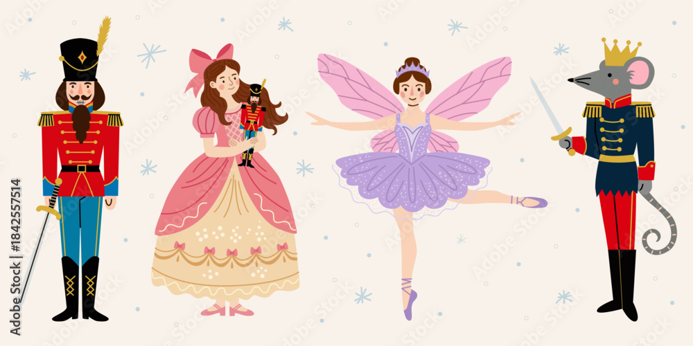 Fototapeta premium Set of characters from The Nutcracker. Nutcracker soldier, Clara girl, Sugar Plum Fairy, and Mouse King. Christmas holiday design in flat cartoon style, perfect for greeting cards, posters, stickers