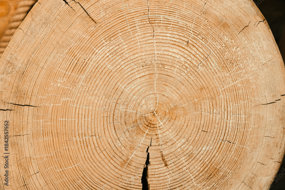 Naklejka premium Cross section of a Karelian ship pine trunk with visible growth rings revealing natural patterns and durable wood quality traditionally used for building sauna interiors and wooden structures