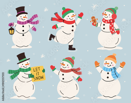 Set of cute different snowmen in winter clothes with scarves, hats, and mittens. Winter illustration in flat style with snowflakes. Perfect for holiday cards, posters, stickers, wrapping paper.