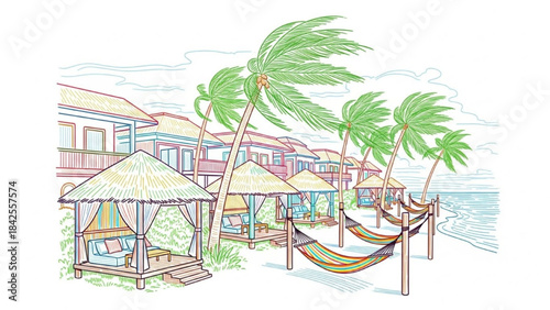 Beach Resort Colorful Line Art – Palm Trees, Cabanas, and Hammocks Illustration
