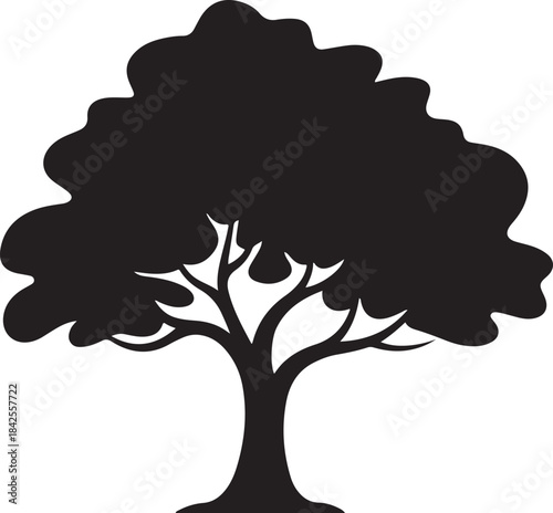 A stylized black silhouette of a full-grown tree with a large canopy against a white background