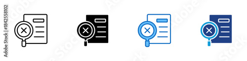 Rejected Document Multiple Style Icon Design Vector - document with a magnifying glass showing an X mark, representing inspection, rejection, and verification