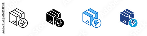 Damaged Package Multiple Style Icon Design Vector - package with a lightning symbol, representing damage, shipping issues, and delivery problems