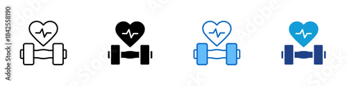 Heart Fitness Multiple Style Icon Design Vector - heart with pulse above a barbell, representing health, exercise, and wellness