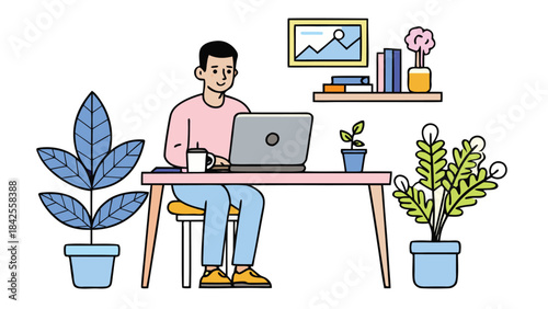 A man working on a laptop in a cozy home office setup with plants and books. isolated on transparent background, Vector