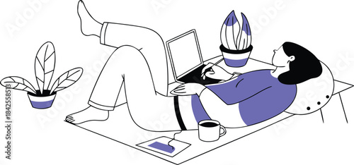 A person working remotely in a relaxed and comfortable position with a laptop isolated on transparent background, Vector