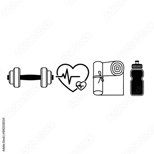 Essential fitness icons showing strength heart health yoga and hydration for a healthy active lifestyle design