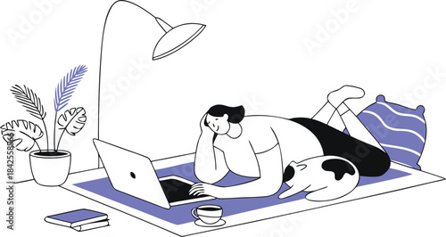 A woman working from home in a relaxed posture, lying on the floor with her cat isolated on transparent background, Vector