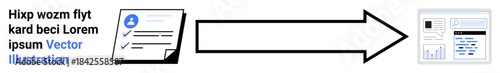 Data transformation, digital workflows, info transfer, business solutions, technology, data processing. Arrow linking a paper document and digital interface. Data transformation and digital workflows