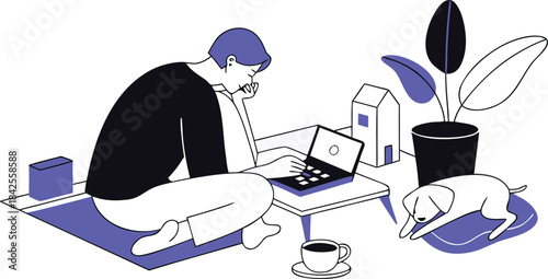 Man working from home on a laptop while sitting on the floor with a sleeping dog. isolated on transparent background, Vector