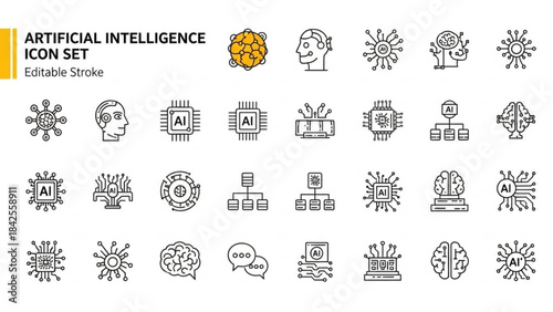 Artificial Intelligence Icon Set - AI Technology, Machine Learning, and Robotic Brain Outline Icons with Editable Stroke
