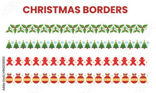 Seamless Christmas decorative borders vector illustration set.