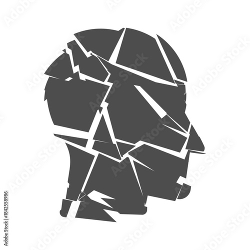 Broken head silhouette symbolizing mental health struggles. Symbol for PTSD, Alzheimer’s disease, depression, stress, confusion, trauma, and emotional problems. Shattered man. Vector illustration. 