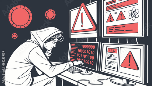 Cybersecurity professional or hacker working on computer screens showing data breach and warning signs isolated on transparent background, Vector