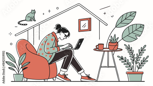 Woman working from home on laptop in a cozy living room setting with a cat and plants isolated on transparent background, Vector