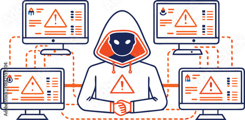 A stylized illustration depicting a hacker figure controlling a network of computers displaying security warnings isolated on transparent background, Vector