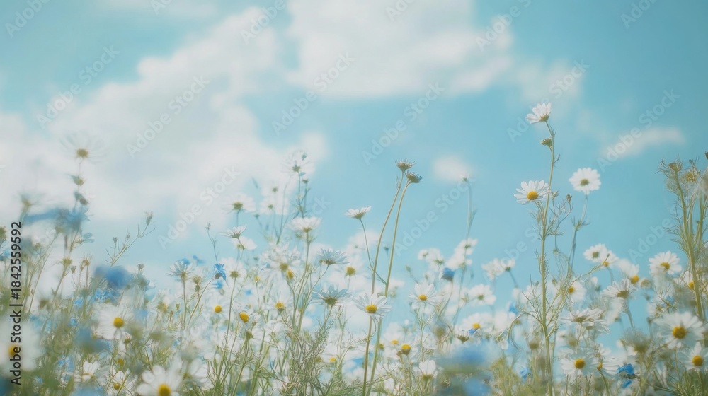 Fototapeta premium Serene Meadow of Daisies Under a Pastel Blue Sky with Soft Clouds