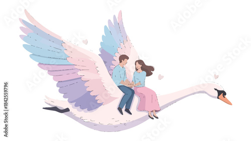 Dreamy Swan Ride: A couple enjoys a romantic journey on a magical swan, the wings painted with pastel hues as they float among hearts, embracing the beauty of love.
