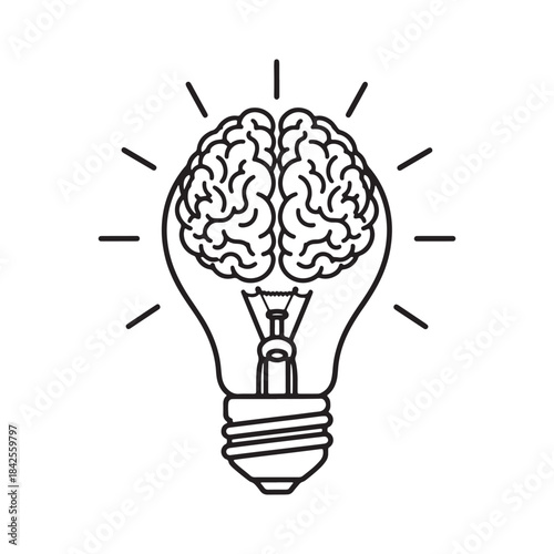 Brain Inside Light Bulb Icon Symbolizing Brilliant Ideas, Creative Thinking, Innovation, Mental Inspiration, and Problem Solving.