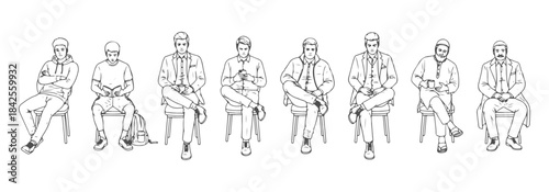 CAD top view drawing of diverse men sitting - relaxed pose, crossed arms, using phone, holding cup, leaning forward, wide leg or narrow leg posture. Vector illustration