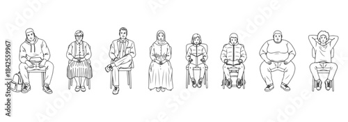 CAD top view drawing of diverse people sitting. Vector illustration