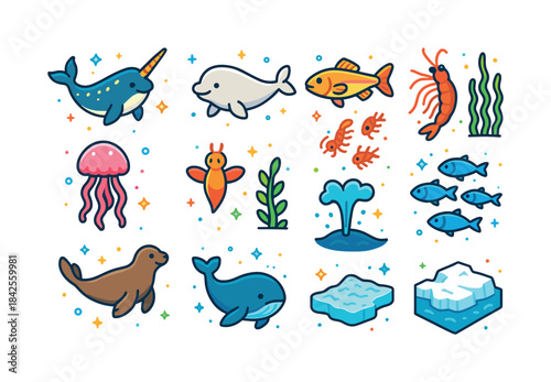 Arctic Sea Life Icons. Arctic sea life. Colorful isometric vecto