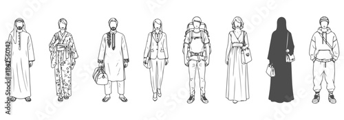 Top view CAD line art of diverse travelers - wearing culture-inspired outfits—thawb, kimono-style jacket, kurta, business suit, casual jeans, long dress, abaya, modern streetwear. Vector illustration