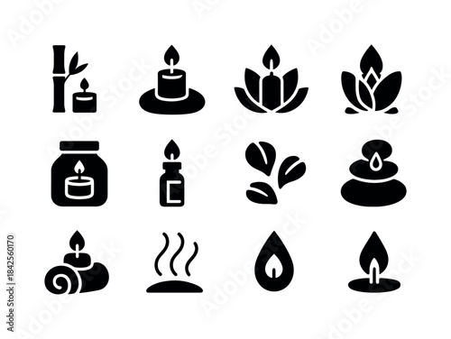 Black Spa Icons. Spa candles. Solid icon set of Spa candles: bam