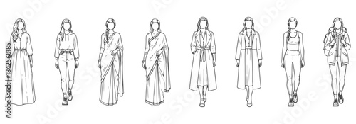 Top view CAD vector of diverse women - long dress, jeans hoodie, abaya, sari, long coat, skirt jacket, athletic wear, backpack. Vector illustration