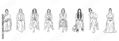 Top view CAD vector of diverse women seated - sari drape outlines, abaya folds, casual jeans, long coat, skirt shapes, hair details. Vector illustration