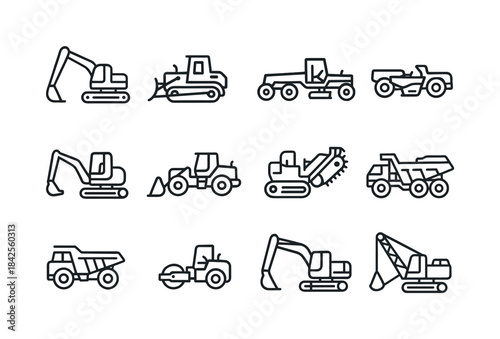 Earthmoving Machines Icons. Earthmoving Machines. Line icon set