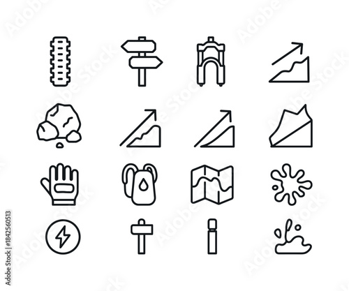 E-Mountain Bike Icons. E-mountain biking. Line icon set of e-mou