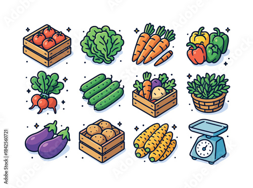 Colorful Vegetable Icons. Vegetable market. Colorful isometric v