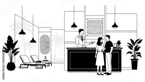 Resort Reception Continuous Line Art – Concierge Assisting Guests Illustration