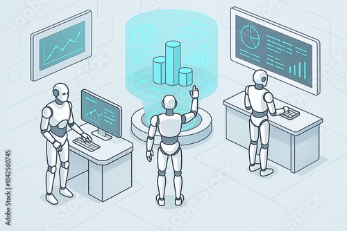 Isometric vector scene of an intelligent robotics command center, humanoid robots analyzing holographic data charts, clean lines, natural spacing, precise scale relationships between objects