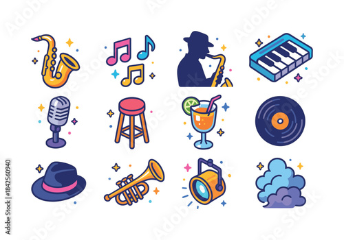 Jazz Icons Collection. Saxophone vibes. Colorful isometric vecto