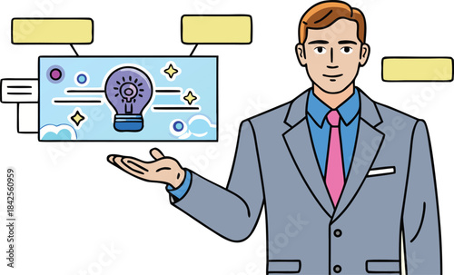 A businessman in a suit presents a creative business idea or innovative concept visualization isolated on transparent background, Vector