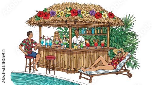 Tropical Resort Poolside Bar Colorful Line Art – Drinks and Guests Relaxing Illustration