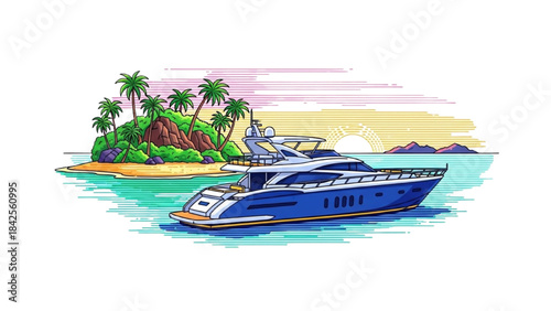 Luxury Yacht Cruising Colorful Line Art – Tropical Island Illustration