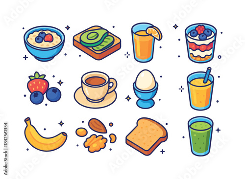Colorful Breakfast Icons. Healthy Breakfast. Colorful isometric